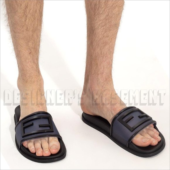 FENDI men 12 Black with transparent Navy FF BAGUETTE LOGO flip flop slides shoes - Picture 6 of 8
